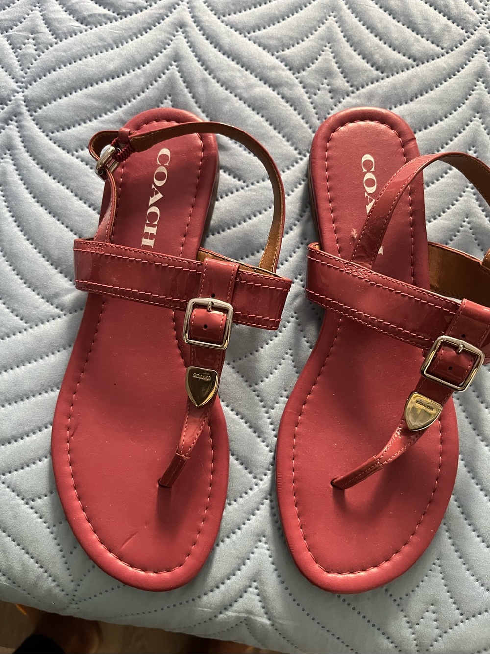 COACH Coral Pink Leather T-Strap Sandals with Gold Hardware